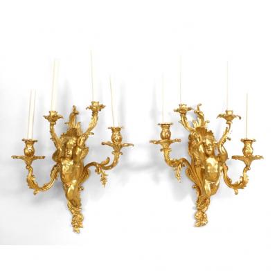 Pair of French Louis XV Style Bronze Dore Cherub Wall Sconces