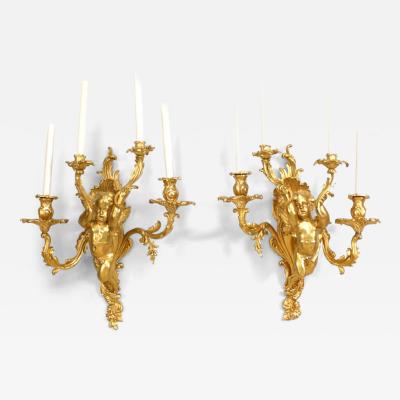 Pair of French Louis XV Style Bronze Dore Cherub Wall Sconces