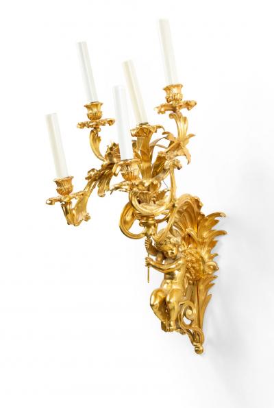 Pair of French Louis XV Style Bronze Dore Cupid Wall Sconces