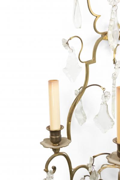 Pair of French Louis XV Style Bronze and Crystal Wall Sconces