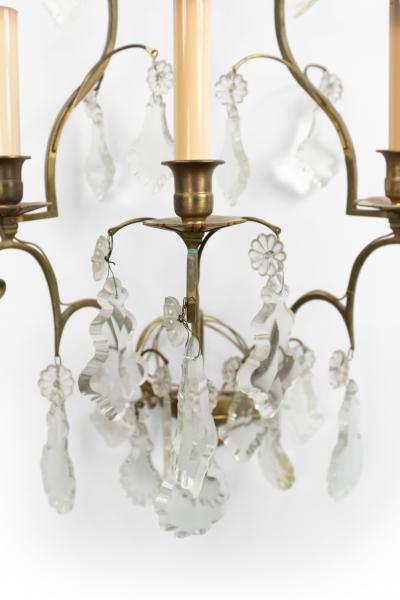 Pair of French Louis XV Style Bronze and Crystal Wall Sconces