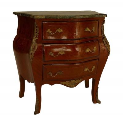 Pair of French Louis XV Style Fruitwood and Green Marble Bombe Bedside Tables
