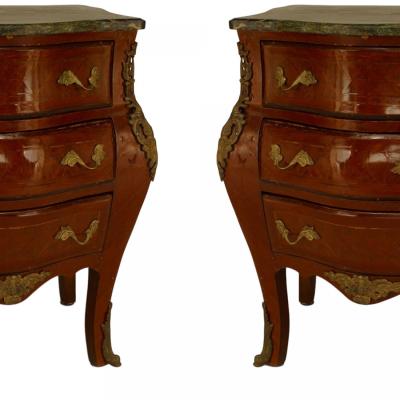 Pair of French Louis XV Style Fruitwood and Green Marble Bombe Bedside Tables
