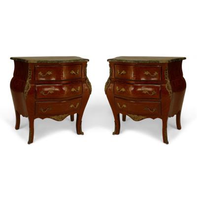 Pair of French Louis XV Style Fruitwood and Green Marble Bombe Bedside Tables