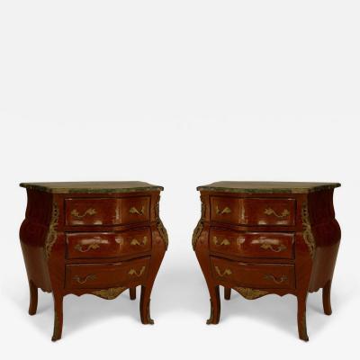 Pair of French Louis XV Style Fruitwood and Green Marble Bombe Bedside Tables