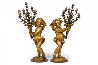 Pair of French Louis XV Style Gilt Cherub Torchieres