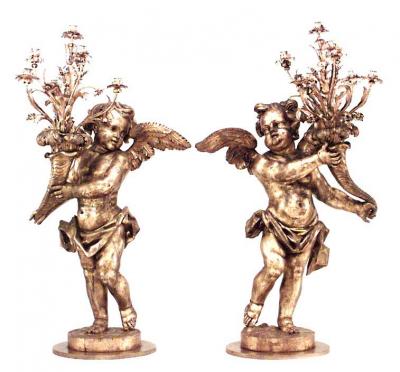 Pair of French Louis XV Style Gilt Wood Cherub Floor Torchieres