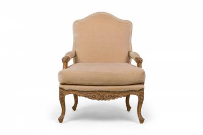 Pair of French Louis XV Style High Back Armchairs with Beige Velvet Upholstery