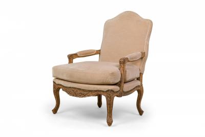 Pair of French Louis XV Style High Back Armchairs with Beige Velvet Upholstery