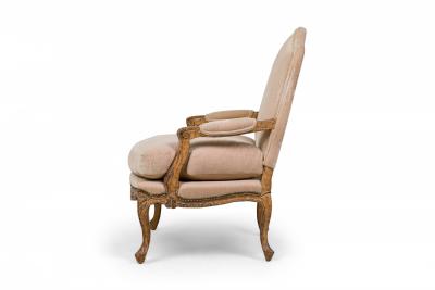 Pair of French Louis XV Style High Back Armchairs with Beige Velvet Upholstery