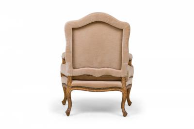 Pair of French Louis XV Style High Back Armchairs with Beige Velvet Upholstery