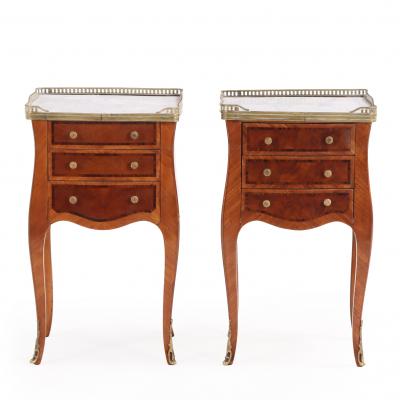Pair of French Louis XV Style Marble Top Nightstands or End Tables C 1950