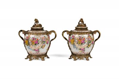 Pair of French Louis XV Style Ormolu and Floral Porcelain Jardiniere