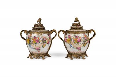 Pair of French Louis XV Style Ormolu and Floral Porcelain Jardiniere