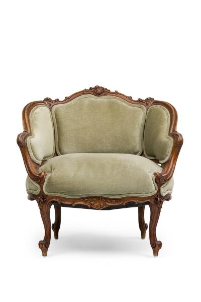 Pair of French Louis XV Style Walnut Lowback Armchair