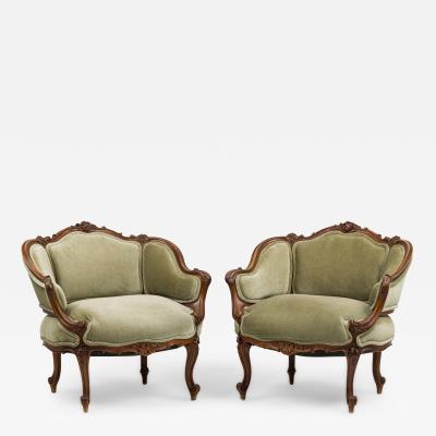 Pair of French Louis XV Style Walnut Lowback Armchair