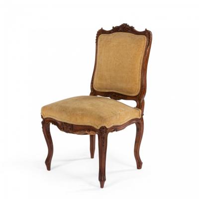 Pair of French Louis XV Velvet Walnut Side Chairs