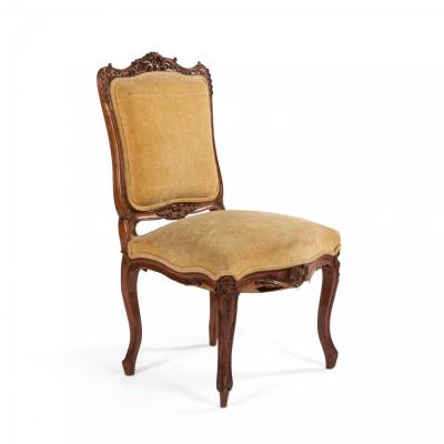 Pair of French Louis XV Velvet Walnut Side Chairs