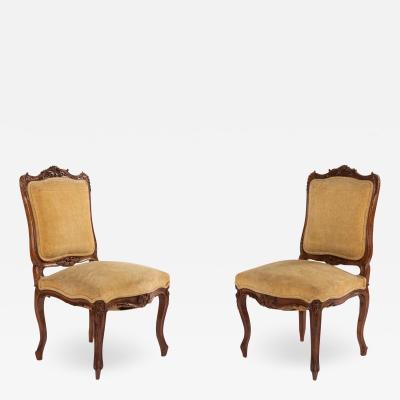 Pair of French Louis XV Velvet Walnut Side Chairs