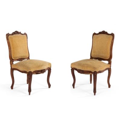 Pair of French Louis XV Velvet Walnut Side Chairs