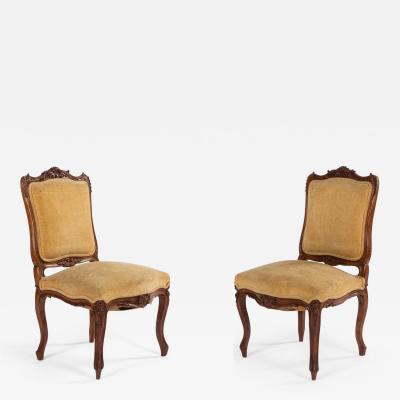 Pair of French Louis XV Velvet Walnut Side Chairs