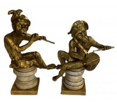 Pair of French Louis XV style gilt bronze monkeys playing musical instruments o