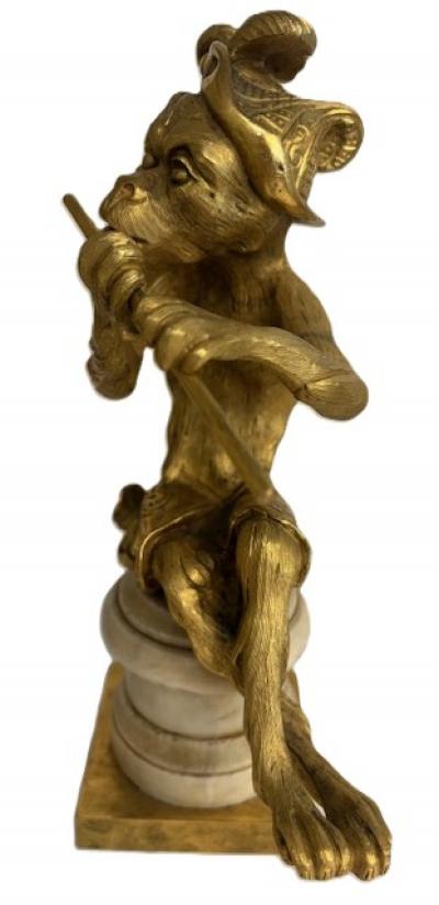 Pair of French Louis XV style gilt bronze monkeys playing musical instruments o