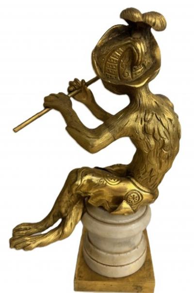 Pair of French Louis XV style gilt bronze monkeys playing musical instruments o