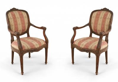 Pair of French Louis XVI Beige and Pink Stripe Upholstered Armchairs