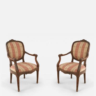 Pair of French Louis XVI Beige and Pink Stripe Upholstered Armchairs