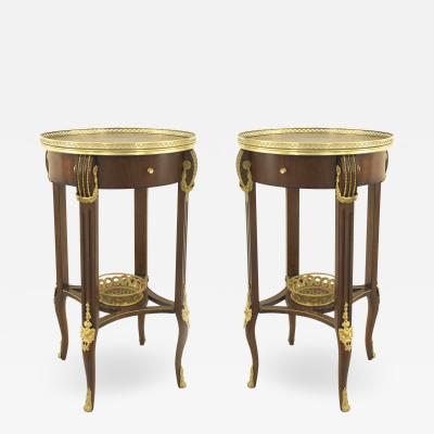 Pair of French Louis XVI Brass and Floral Inlaid End Tables