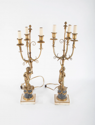 Pair of French Louis XVI Bronzed Marble Candlelabrum