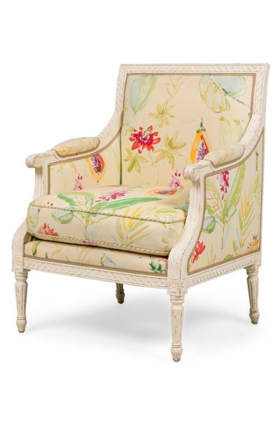 Pair of French Louis XVI Floral Upholstered Bergere Armchairs