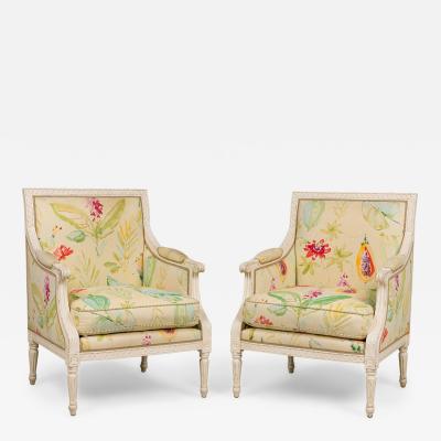 Pair of French Louis XVI Floral Upholstered Bergere Armchairs