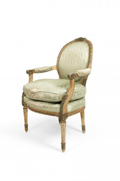 Pair of French Louis XVI Green Silk Arm Chairs