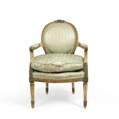 Pair of French Louis XVI Green Silk Arm Chairs