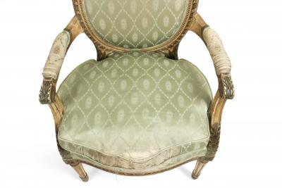 Pair of French Louis XVI Green Silk Arm Chairs