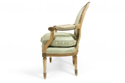 Pair of French Louis XVI Green Silk Arm Chairs
