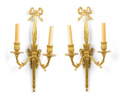 Pair of French Louis XVI Style Bronze Dore Bow Knot Wall Sconces