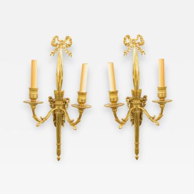 Pair of French Louis XVI Style Bronze Dore Bow Knot Wall Sconces