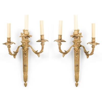 Pair of French Louis XVI Style Bronze Dore Torch Wall Sconces