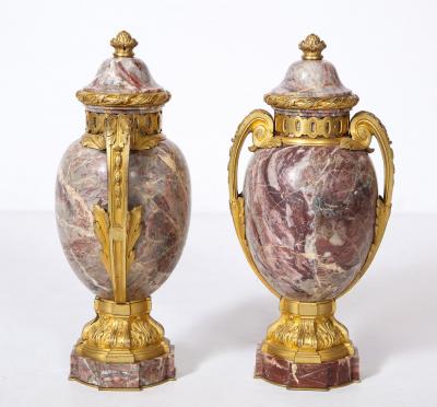 Pair of French Louis XVI Style Bronze Mounted Marble Urns