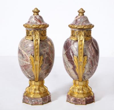 Pair of French Louis XVI Style Bronze Mounted Marble Urns