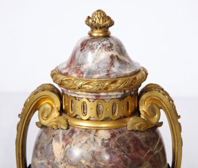 Pair of French Louis XVI Style Bronze Mounted Marble Urns