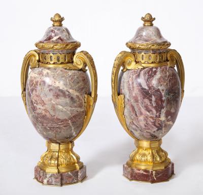 Pair of French Louis XVI Style Bronze Mounted Marble Urns