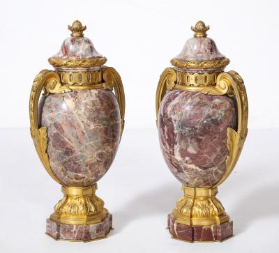 Pair of French Louis XVI Style Bronze Mounted Marble Urns