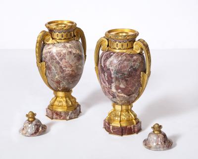 Pair of French Louis XVI Style Bronze Mounted Marble Urns