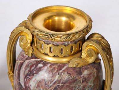 Pair of French Louis XVI Style Bronze Mounted Marble Urns