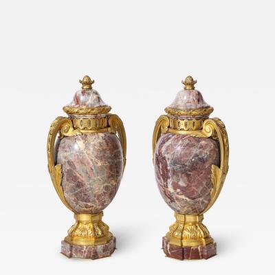 Pair of French Louis XVI Style Bronze Mounted Marble Urns