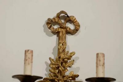 Pair of French Louis XVI Style Bronze Two Light Sconces with Hunting Horns